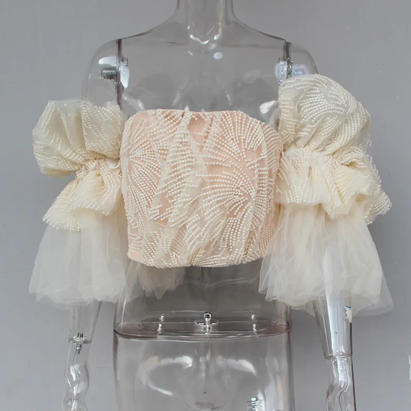Сексуальный кружевной кроп-топ с открытыми плечами вышивка, Лепестковые рукава рукав молния сзади темперамент леди короткий топ