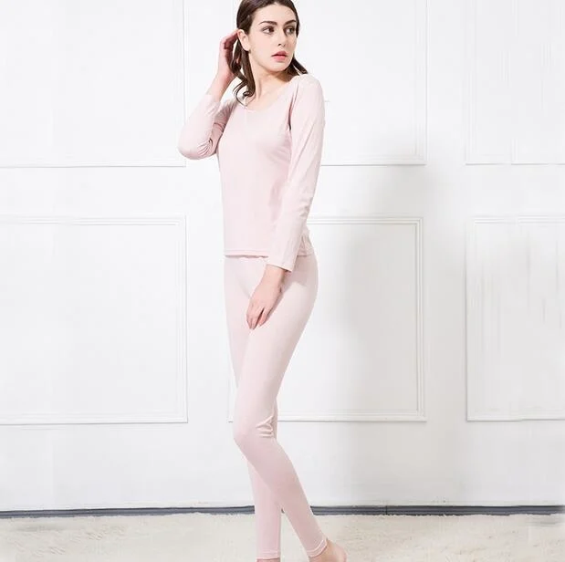 pink 50% шелк 50% хлопок женское теплое термобелье кальсоны комплект M L XL SG381 - Цвет: pink