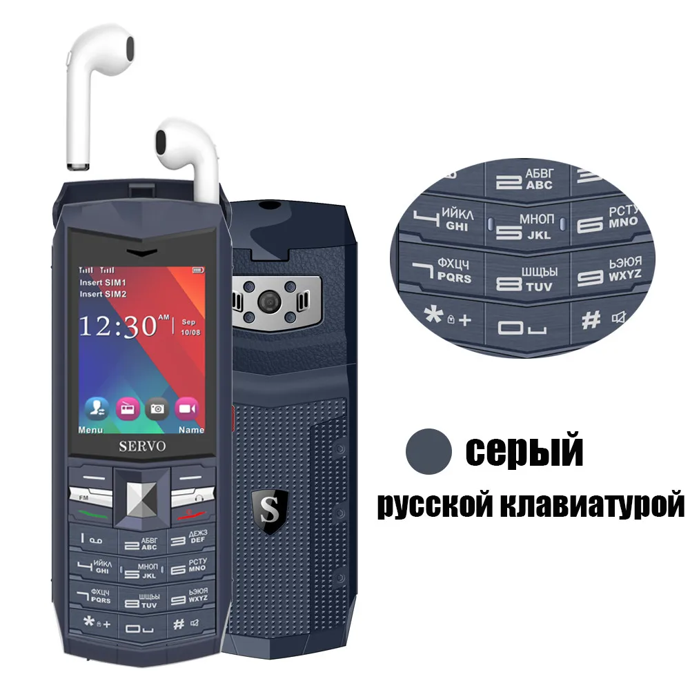 Gray Russian button SERVO R26 2," мобильный телефон с TWS 5,0 Bluetooth беспроводные наушники 3000 мАч Внешний аккумулятор GSM GPRS 2 sim-карты мобильного телефона - Цвет: Gray Russian button