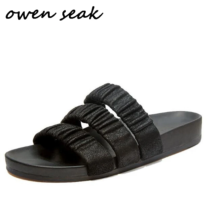 Owen Seak Women Slippers Rome Leather Flip Flops Luxury Trainers Women Casual Shoes Slippers Slides Summer Flats Black Sandals