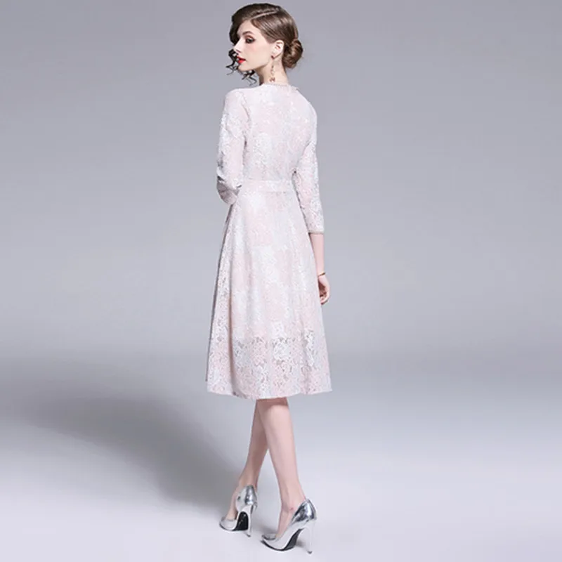 2019 New Dress Women Spring Summer Embroidery Lace Vestidos Long section Vintage French Solid Minority V-neck Dresses | Женская одежда