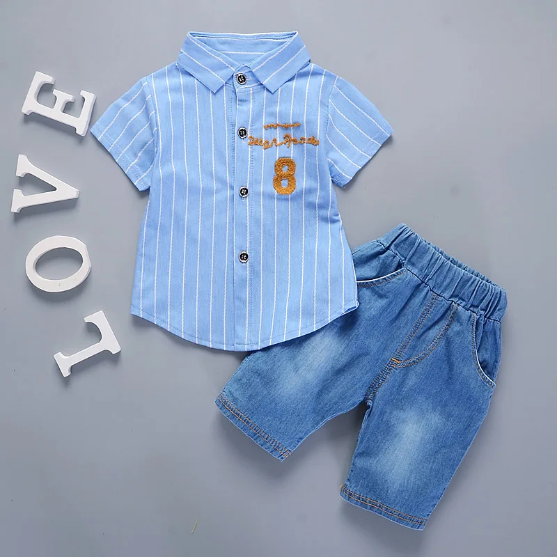 ActhInK New Baby Boys Dress Shirts Suit Summer Wedding Denim Pants Kindergarten Clothing Set |