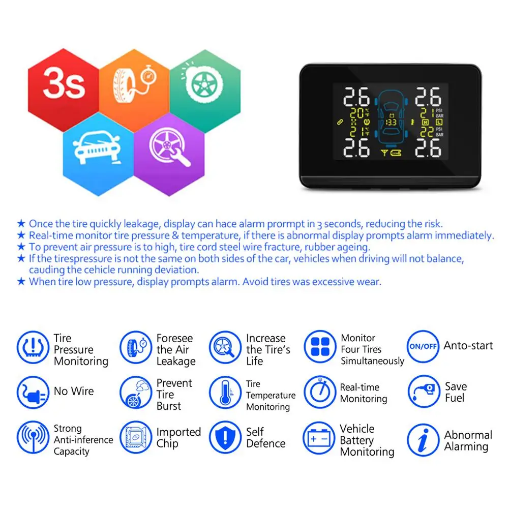CAREUD Universal Car TPMS Wireless Tire Pressure Monitoring System With 4 Wheel Tires External Sensor Tyre | Автомобили и