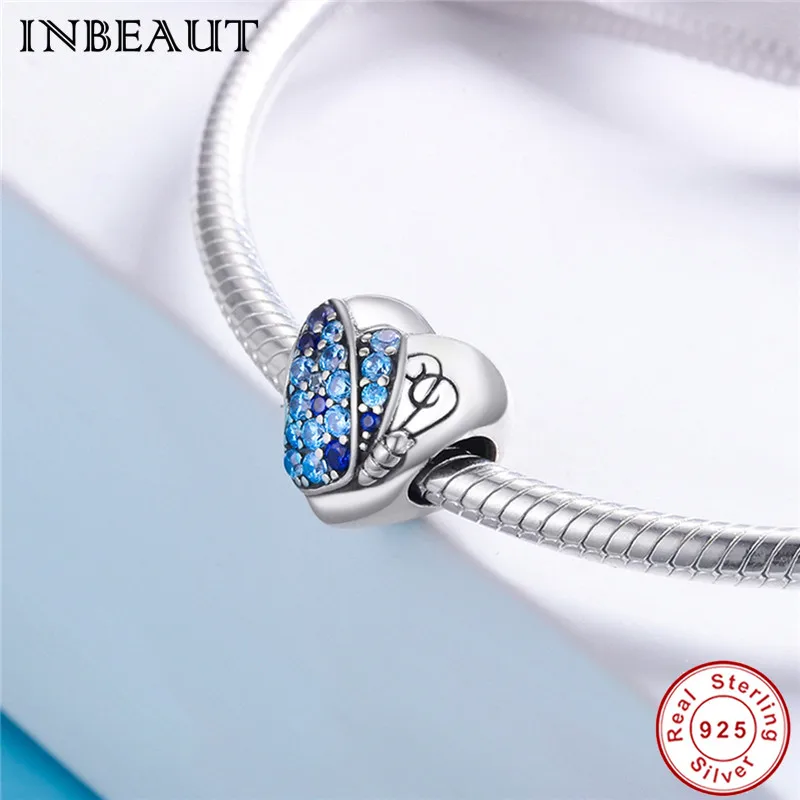 INBEAUT 925 пробы серебряный синий кубический цирконий крыло бабочка резные вы Красивые буквы Сердце Бусины fit Pandora браслет