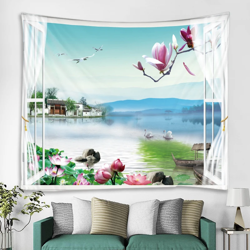 Фон для фотосъемки с изображением водяных цветов на стену гобелен в стиле бохо