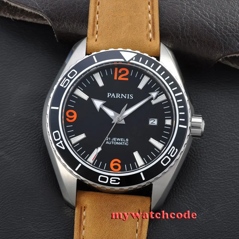 Мужские часы Parnis с оранжевыми цифрами сапфировым стеклом и керамической рамкой