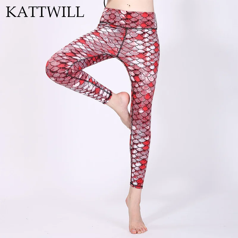 KATTWILL Sporty Women Fish Scales Print Workout Leggings Punk Style Girl High Waist Mermaid Slim Fitness Pencil Pant | Женская одежда