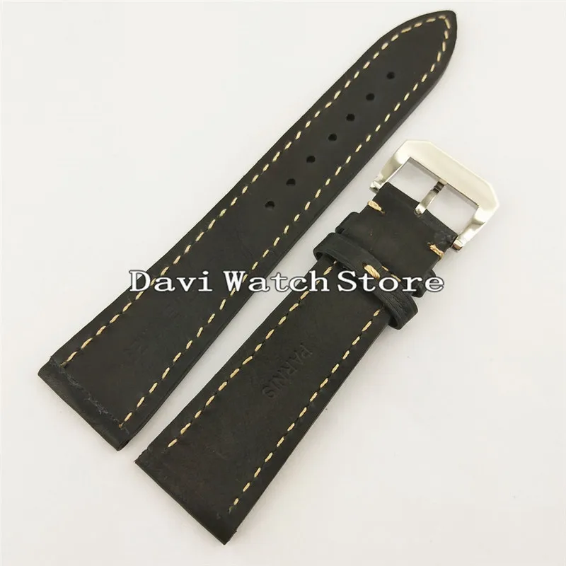 22 мм черная кожа простые мужские часы ремешок Сталь Серебряная Пряжка A816|Ремешки