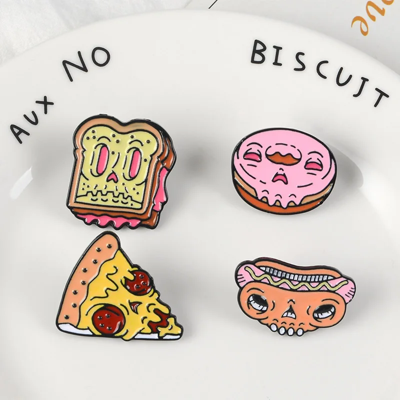 

Zombie Face Fast Food Skeleton Pins Donut Doughnut Hot dog Pizza Donut Toast and Skull Brooches Funny Badges Lapel pins Backpins