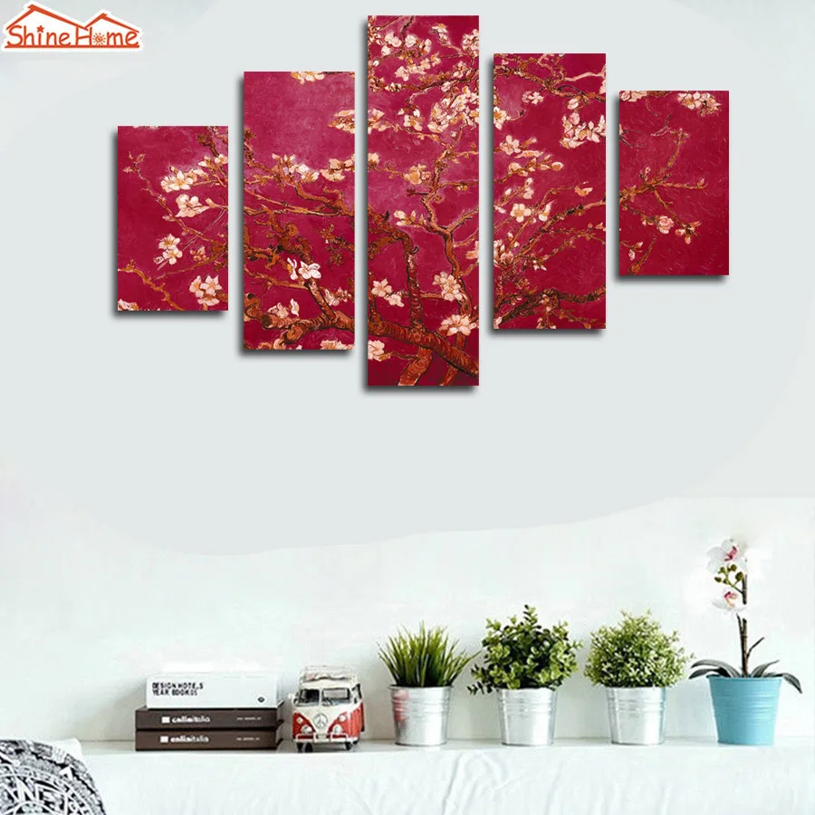 

ShineHome-5pcs, холст, масляная печать, картины, принты, красный Ван Гог, миндаль, цветение, для дома, гостиной, стены, украшения