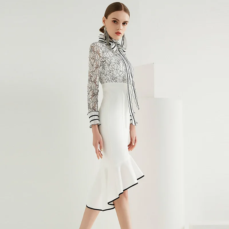 WREEIMA 2018 Spring Summer Women's Fashion Slim Lace Patchwork Long Sleeve Elegant Dress Ladies Hollow Out Sashes MN703 | Женская