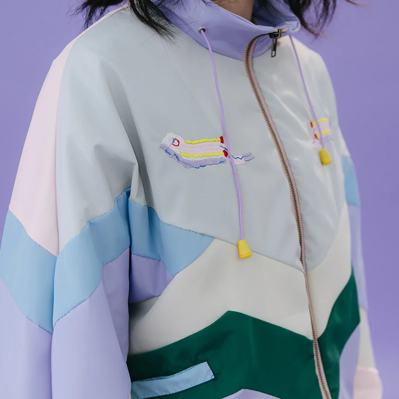 Harajuku, Осенние оригинальные женские Базовые Куртки, Пальто, цветной блок, мультяшная вышивка, женская верхняя одежда, пальто, новые свободные, консервативный дизайн