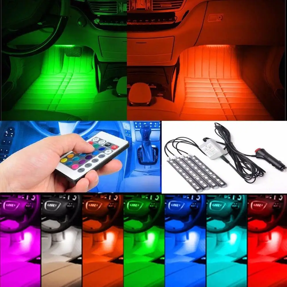 

Car Styling 9LED Colorful RGB Car Interior Floor Decorative Atmosphere Lamps LED Strip Light With Remote Control