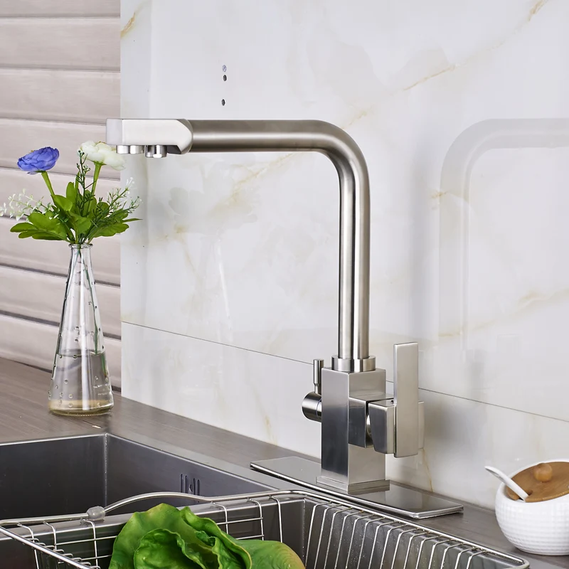 Матовый никелевый смеситель с двойным носиком для чистой воды кухонный 3