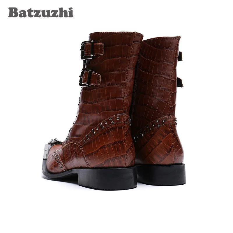 Мужские ковбойские ботинки Batzuzhi черные/коричневые из натуральной кожи в