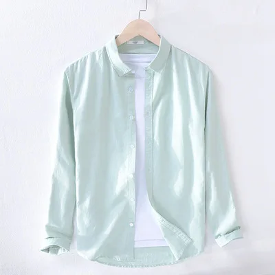 light green Мужская весенняя и осенняя Модная брендовая винтажная простая однотонная хлопковая льняная рубашка с длинными рукавами в японском стиле мужская повседневная тонкая рубашка - Цвет: light green