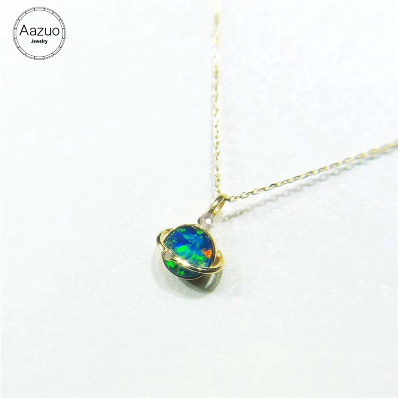 

Aazuo 18K Yellow Gold Opal Necklace Round Natual Blue Opal Diamond Pendents Gifted for Women Valentine's Day Gift Link Chain