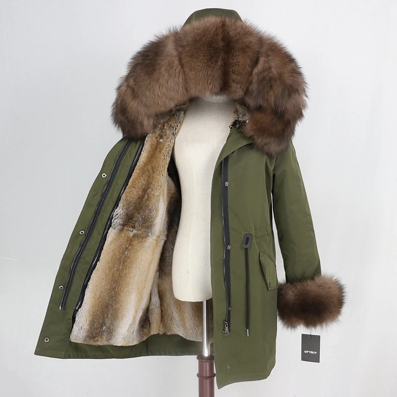 green dark brown OFTBUY, зимняя куртка для женщин, натуральный мех, пальто, водонепроницаемая парка, натуральный Лисий мех, воротник, манжеты, мех кролика, подкладка, верхняя одежда, съемная, Новинка - Цвет: green dark brown