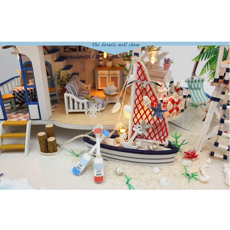 DIY светодиодный кукольный домик морем миниатюрная вилла с мебель деревянный дом