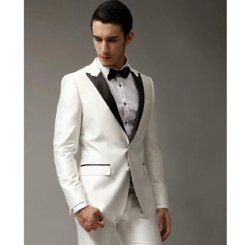 High Quality Two Button Ivory and black Groom Tuxedos 2017 Groomsmen Mens Wedding Suits Prom Bridegroom suit (Jacket+Pants+Tie)