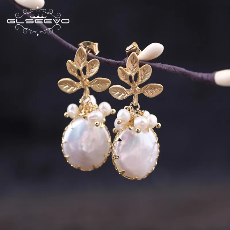GLSEEVO природной пресной воды Baroque Pearl Drop Earrings Для женщин листьев растений Длинные
