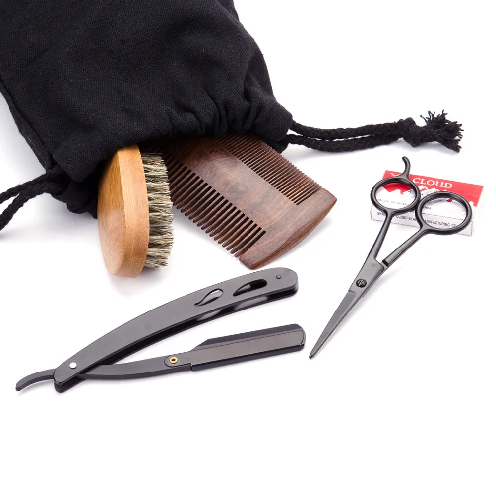 Razor Set For Men Black Shaving Scissor Barber Bamboo Boars Beard Brush Kit+Wood Comb Hair+20pcs Blades Shaving+Bag | Красота и