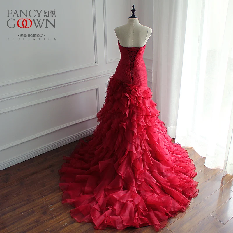 Vestido De Noiva Sereia Sexy Strapless Red Wedding Dresses Mermaid Ruffles Skirt Bride 2017 Court Train Plus Size | Свадьбы и