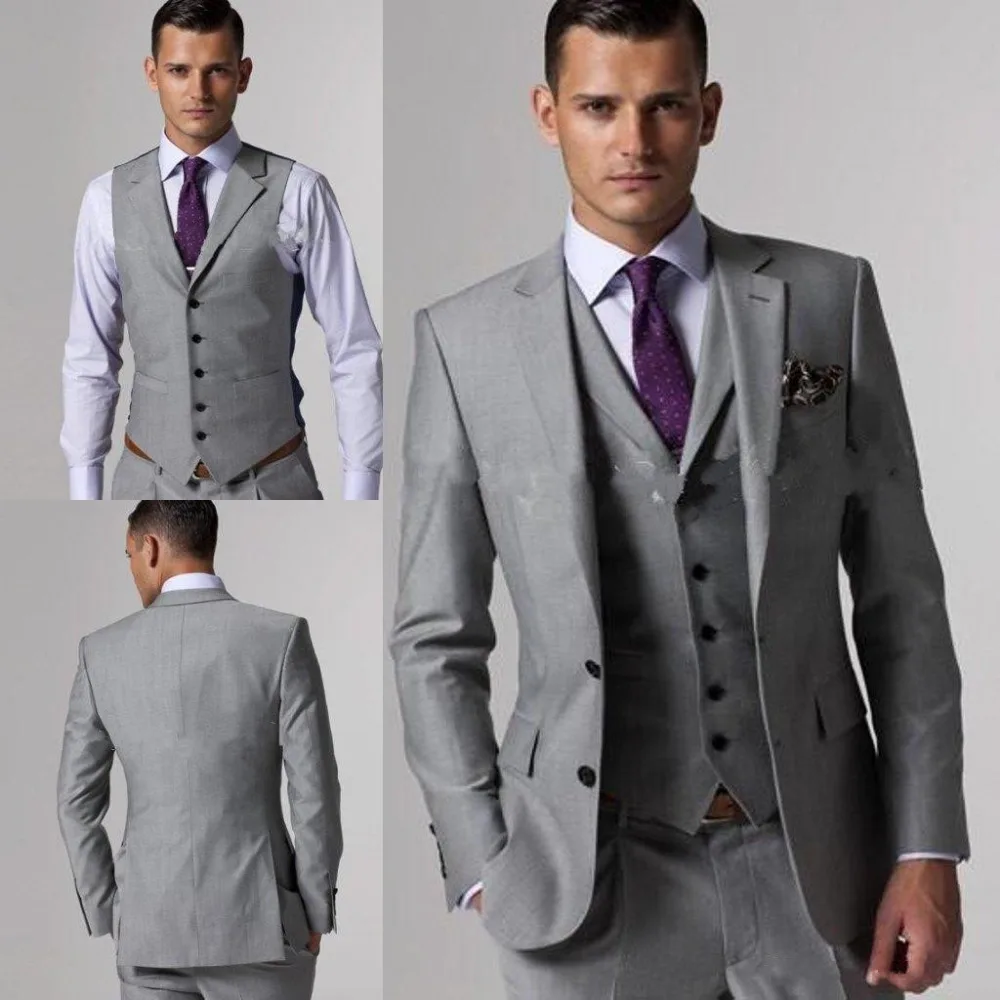 

Light Grey Wedding Tuxedos Custom Made Side Slit Groom Tuxedos Notch Lapel Best Groomsmen Men Wedding Suits (Jacket+Vest+Pant)