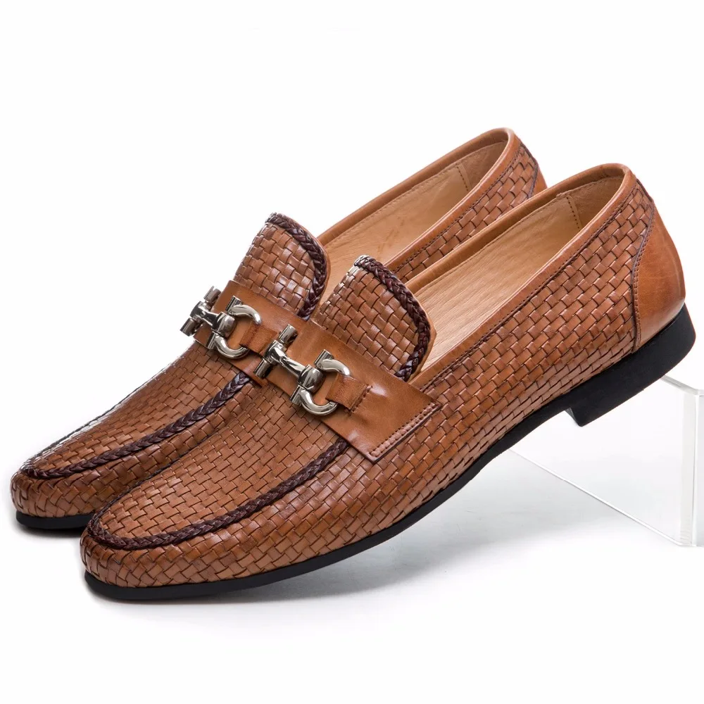Large Size Eur46 Woven Design Black Summer Loafers Shoes Genuine Leather Mens Casual With Buckle | Обувь