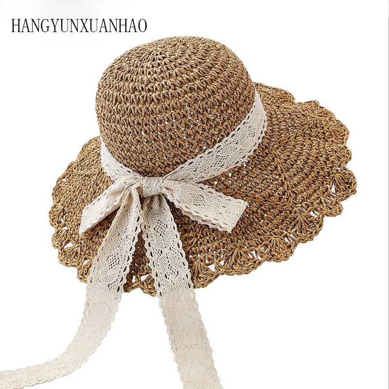 Соломенная шляпа для женщин песчаного пляжа с ручным вязанием крючком и бантом