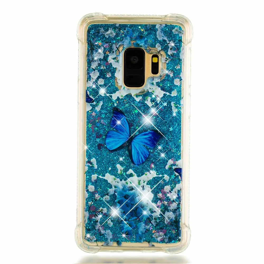 Blue Butterfly Глиттер, Переливающаяся жидкость бампер чехол для Samsung Galaxy S5 S6 S7 край S8 S9 плюс A8 плюс J330 J530 J730 чехол «зыбучие пески» B31 - Цвет: Blue Butterfly