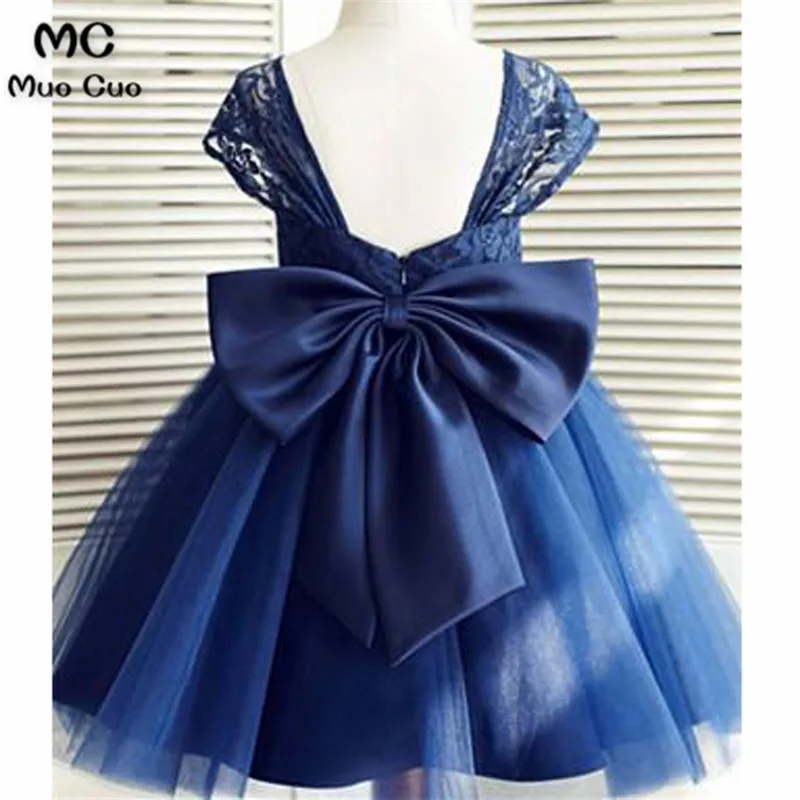 Elegant 2018 Ball Gown first communion dresses for girls Short Sleeve Lace Ribbon Navy blue flower girl weddings | Свадьбы и