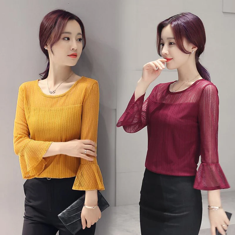 Fashion Three Quarter Flare Sleeve Chiffon Blouse Women 2018 Sexy Lace Mash Perspective Blusas Slim Top Plus Size Blouses LY897 | Женская
