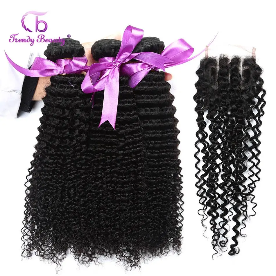 Peruvian Afro Kinky Curly 100% Human Hair Weave Bundles 3Bundles With Closure 8-28 Inches Bundles With 5x5 Lace Closure