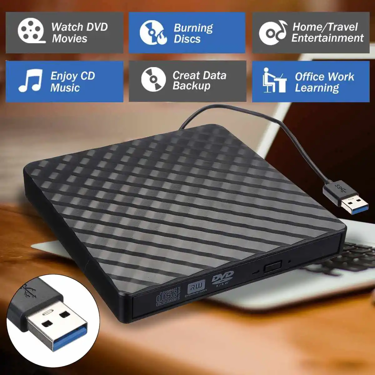 Внешний USB3.0 DVD RW CD Writer тонкий оптический привод горелки ридер плеер лоток тип портативный для портативных ПК