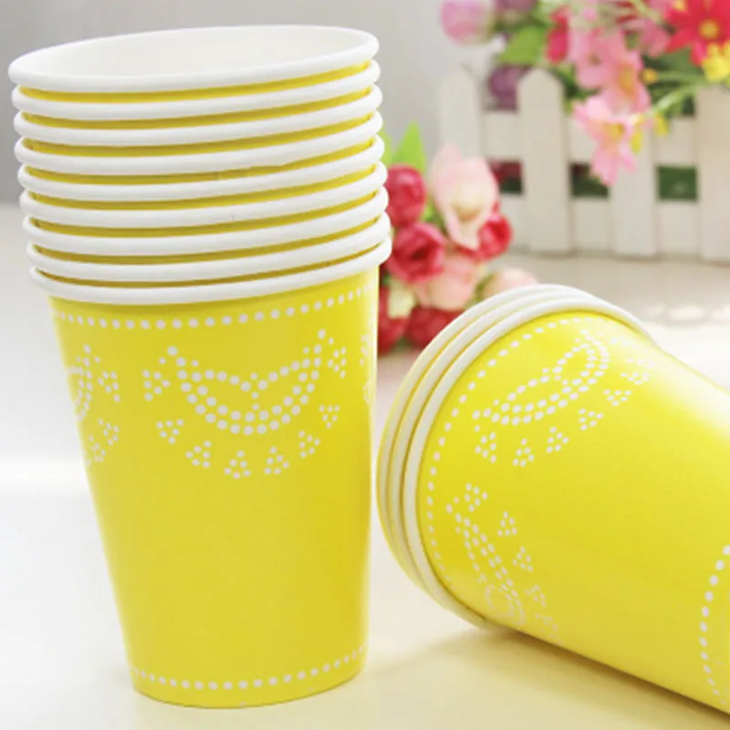 yellow cups 12 шт., бумажные тарелки с кружевными Пастельными цветами, розовые, синие, фиолетовые бумажные тарелки, чашки, полотенца для свадьбы, дня рождения, вечеринки, принадлежности для детского душа - Цвет: yellow cups