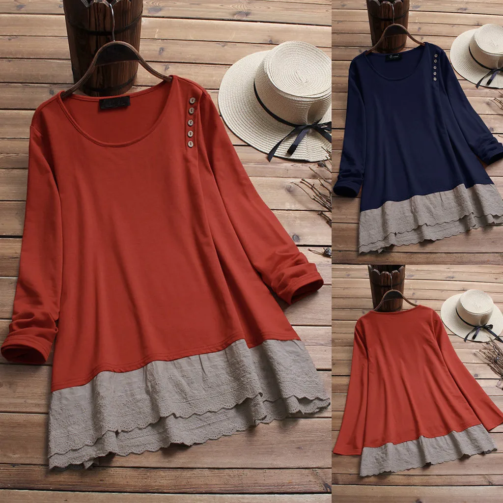Модные женские блузки с круглым вырезом однотонные кружевные лоскутные топы