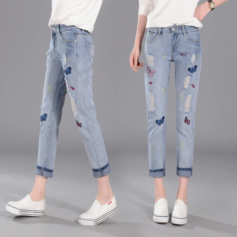 Женские брюки с потертостями повседневные джинсы| |