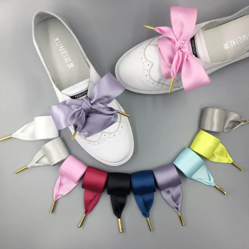 

SENTCHARM 3cm Wide New Style Ribbon Bowknot Shoelaces For Girls 10 Colors 3 Lengths Shoestrings With Metal Aglets