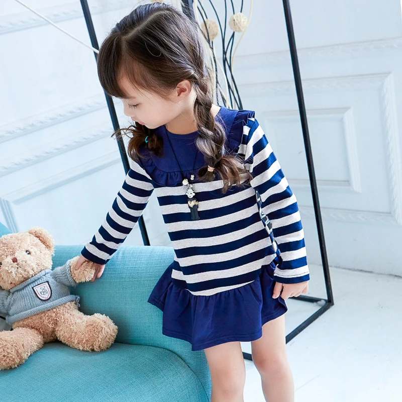 Hurave Spring and Autumn Children 's Wear Navy Style Cotton Long Sleeve Stripe Hem Patchwork Lotus Leaf Dress girl dress | Детская
