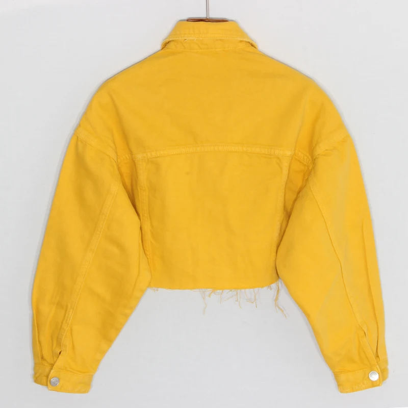 Women High Waist Basic Versatile Fashion Yellow Denim Jacket Long sleeve Jeans Short Coat Big size Loose Outerwear | Женская одежда