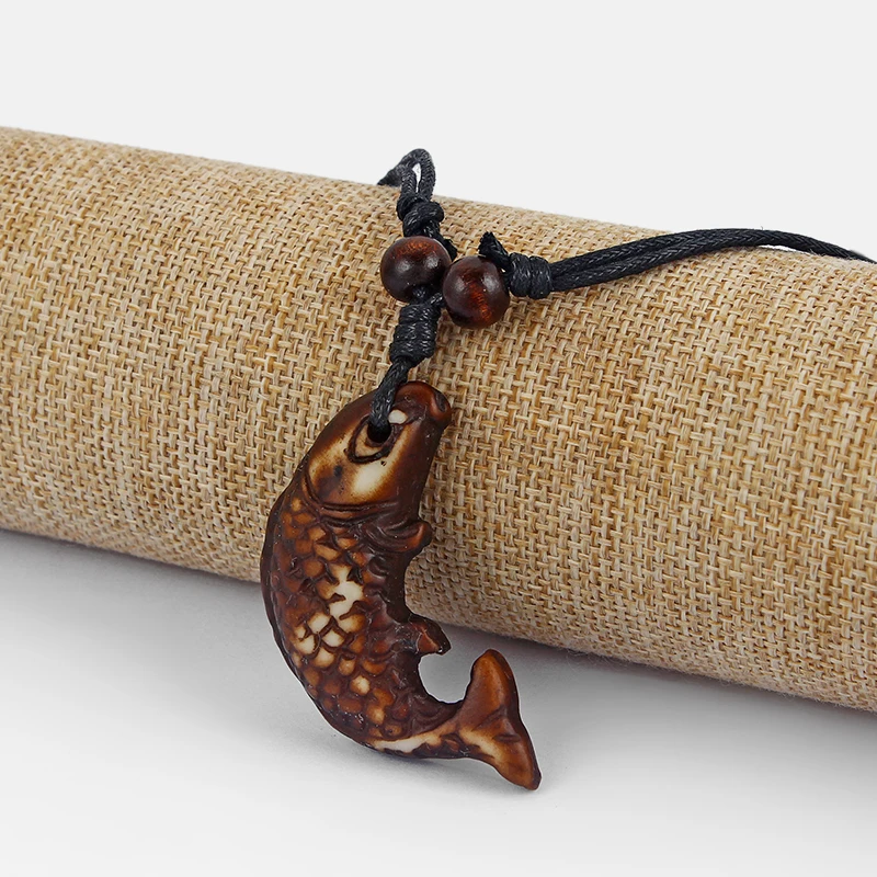 12pcs Brown Fuax Yark Bone Fish Shaped Pendant Neckalce Surfer Fashion Black Wax Cotton Cord Resin Necklace|Ожерелья с подвеской| |