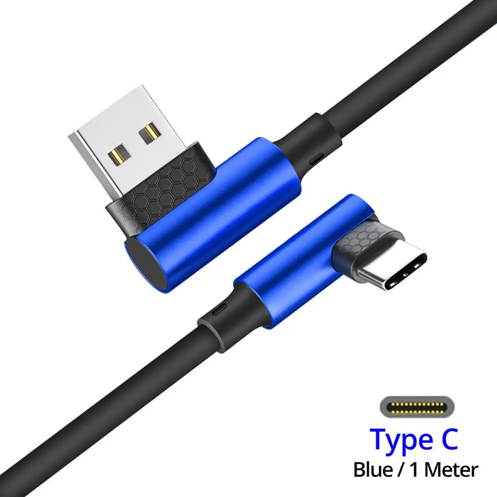 Blue bent cable ANMONE 90 градусов зарядный кабель usb type C кабель для мобильных игр Max 2.4A l-линия изогнутый зарядный кабель для передачи данных быстрое зарядное устройство провод - Цвет: Blue bent cable
