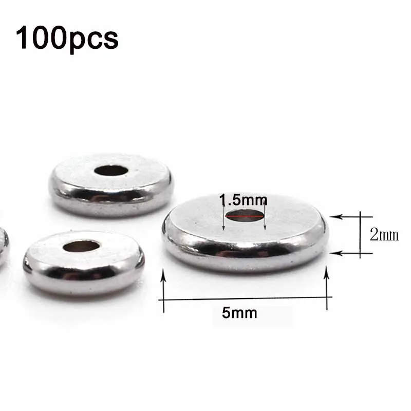 5x2x1.5mm 100pcs 1 упаковка, нержавеющая сталь Плоская Круглая 4 5 6 8 10 мм свободные рондели разделительные бусины с большим отверстием для DIY браслет для изготовления ювелирных изделий - Цвет: 5x2x1.5mm 100pcs