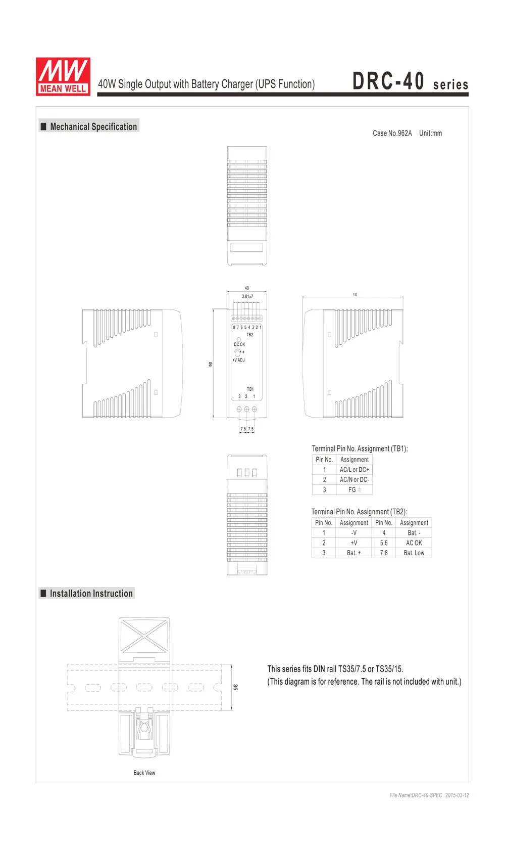 MEAN WELL DRC-40A 40 Вт 12~ 15 В AC/DC meanwell din-рейку безопасности питания с зарядным устройством(функция UPS) DRC-40