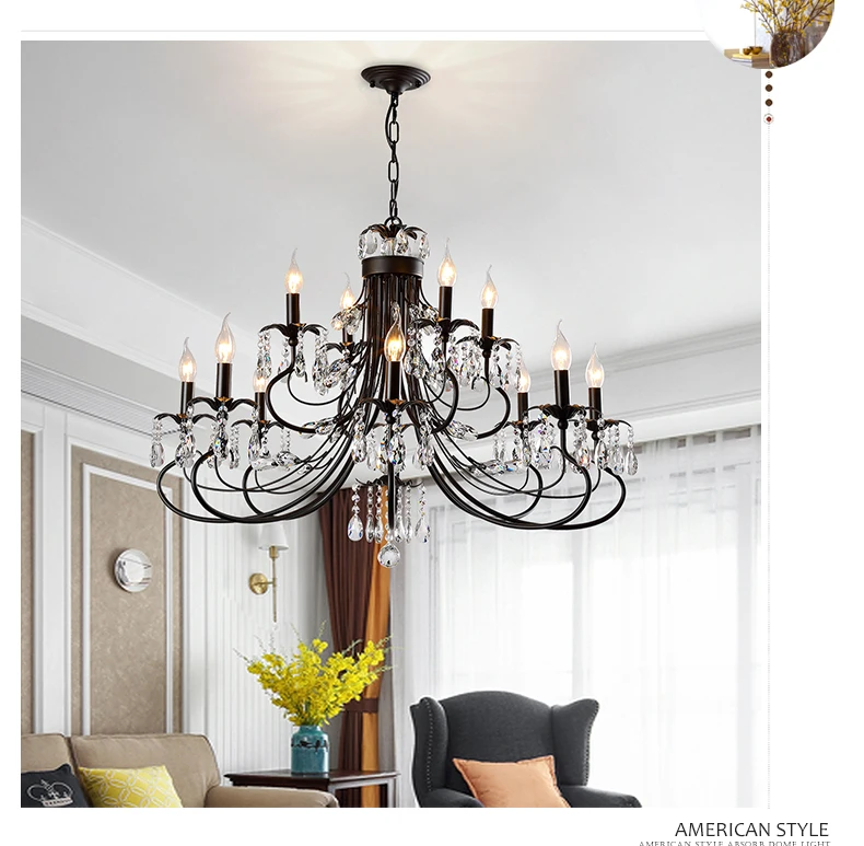 Antique Chandeliers Luminaires Home Black Iron Led Lighting Dining Room Luxury ceiling Bedroom Living Room Crystal Chandelier