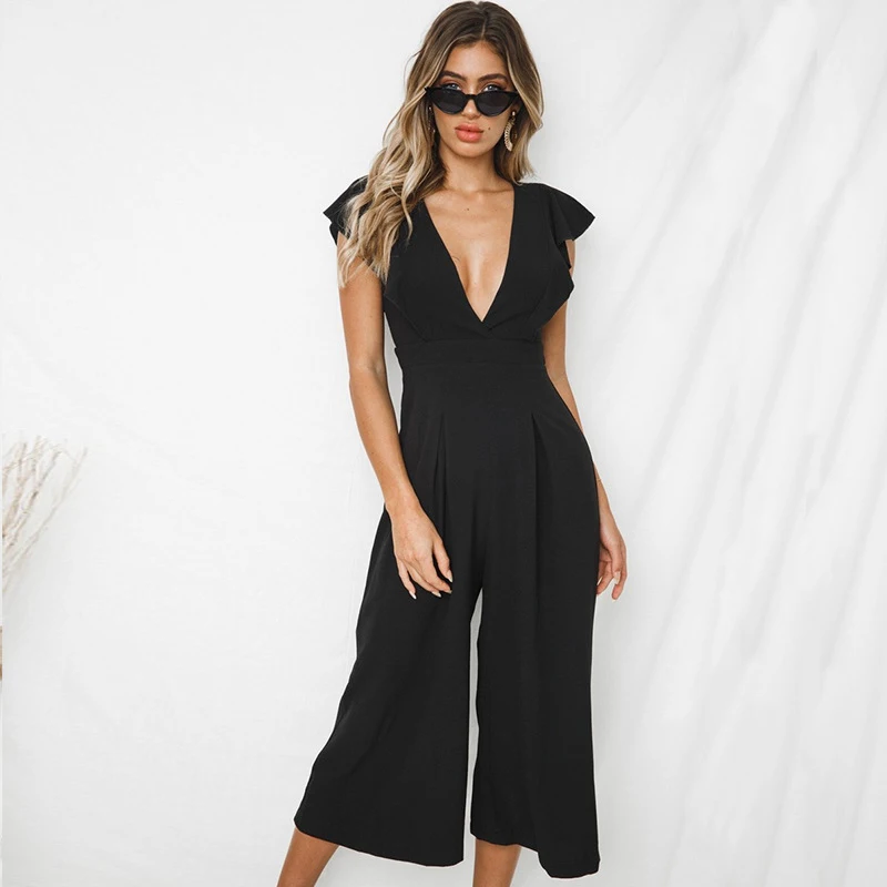 

Wide Leg Pants Jumpsuit For Women Nice Vogue Fashion Ruffle Wrap Overalls Female Sexy V Neck Sleeveless Bow Tie Jumpsuit Romper