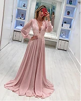 pink Розовые шифоновые элегантные платья для выпускного вечера с сексуальным глубоким v-образным вырезом длина до пола с длинным рукавом Кружева Аппликации открытая спина Формальное вечернее - Цвет: pink