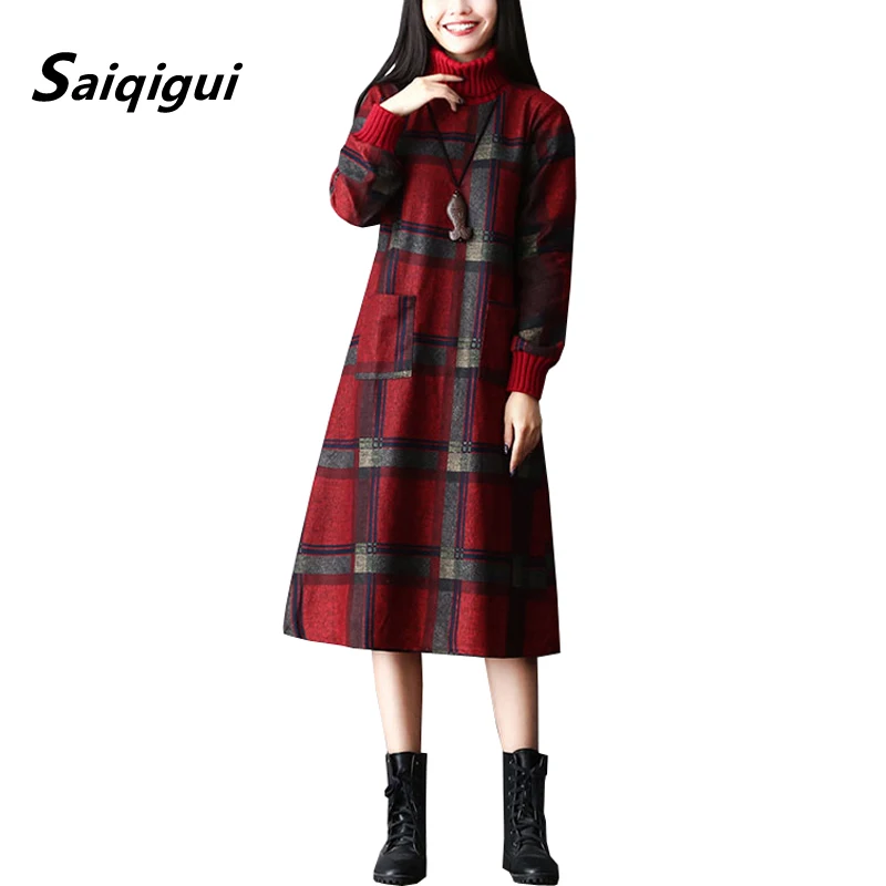 Saiqigui 2019 Autumn winter dress Vintage Turtleneck long sleeve women casual Loose A-Line Plaid vestidos | Женская одежда