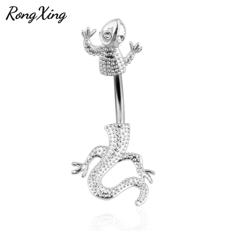 RongXing Симпатичные серебряные ящерицы живота ювелирные изделия для пирсинга тела женщин горный хрусталь животное сексуальное кольцо из нержавеющей стали пупка